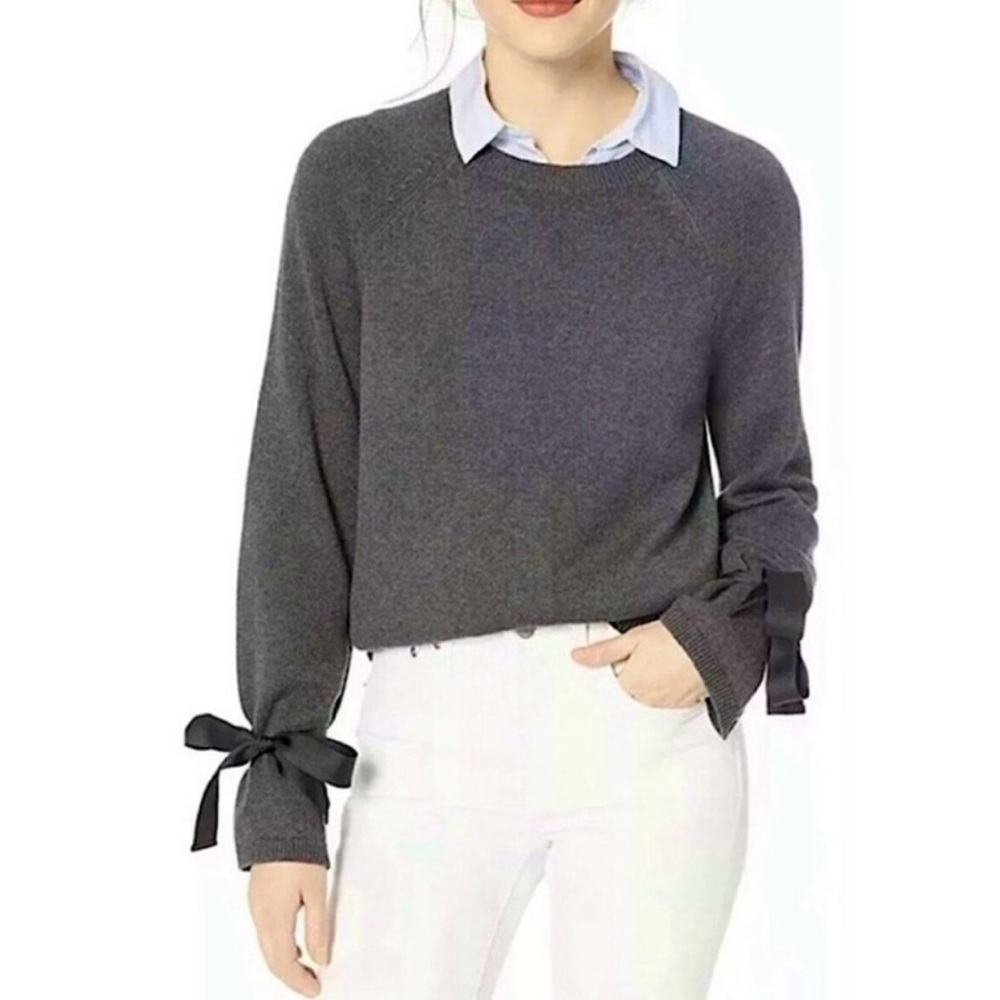 J. Crew Mercantile Small Dark Gray Knit Sweater Black Ribbon on Cuffs